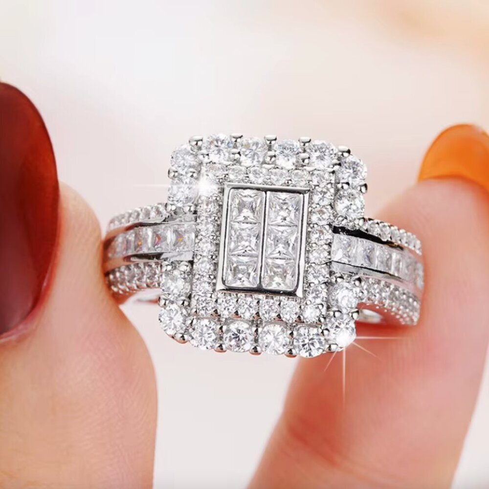 18k White Gold Diamond Ring Pave Diamond Princess Cut Ring